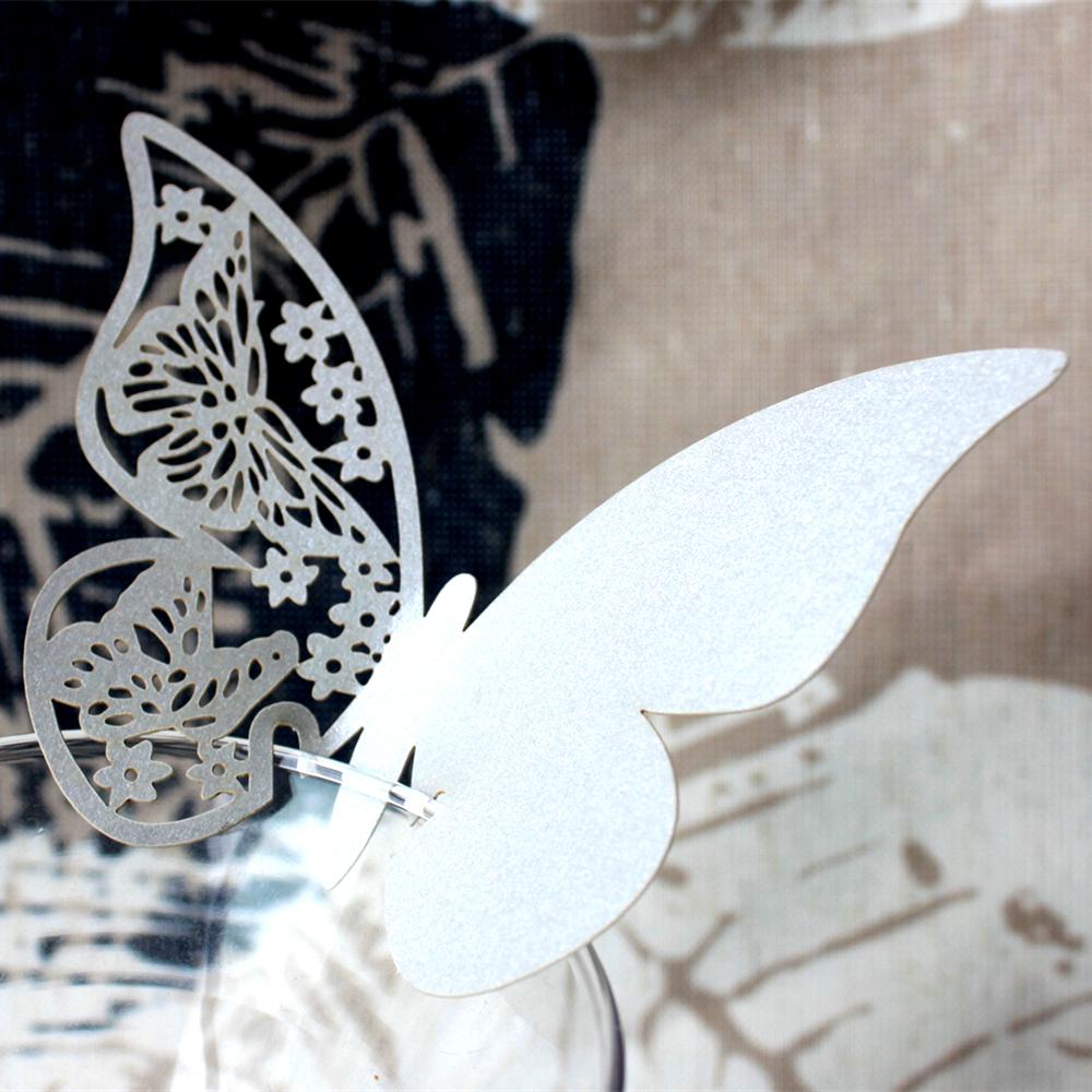 50 Butterfly Glass Place Cards Laser Cut Pearlescent Wedding Silver Grey