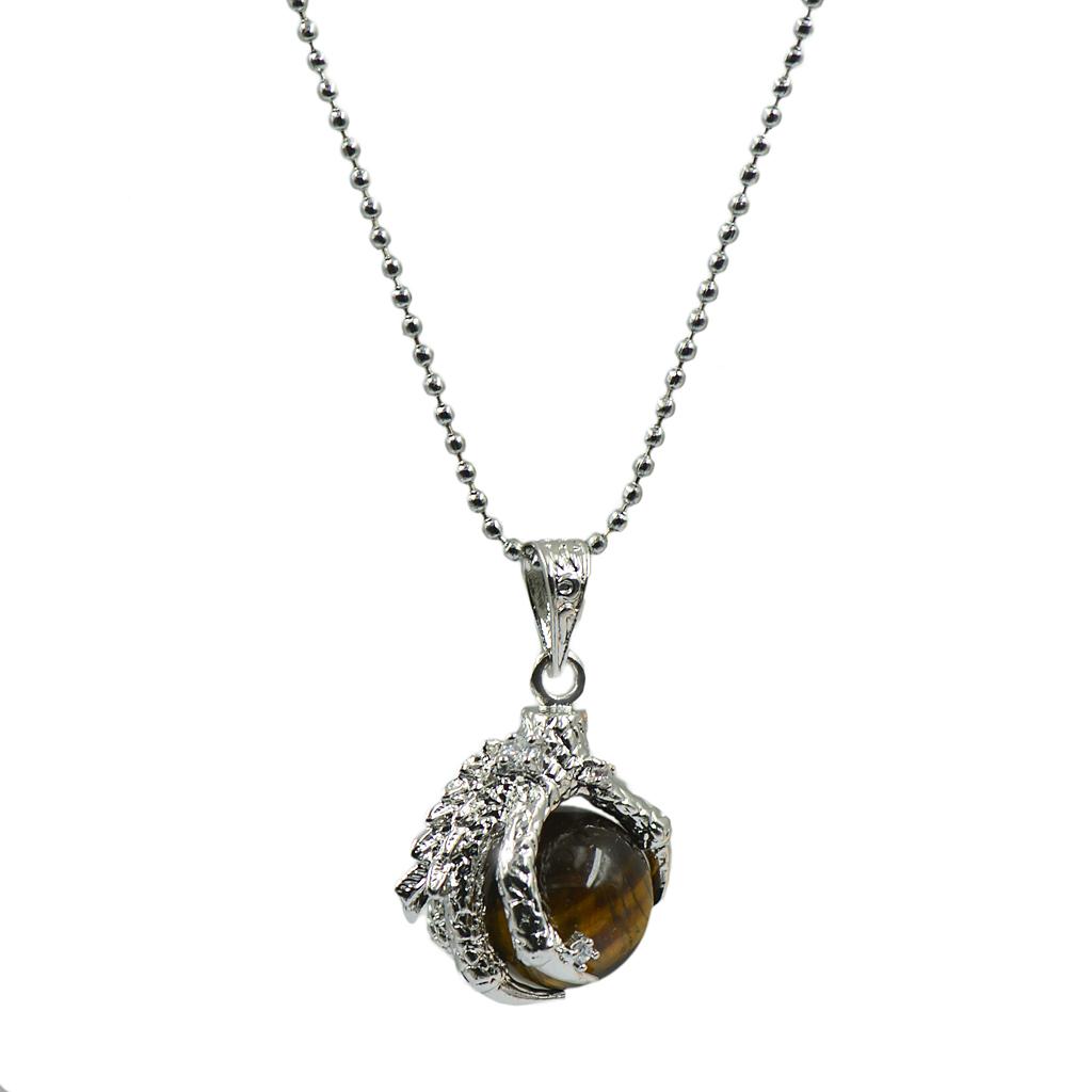 Pendant Silver Dragon Claw Wrap Ball Chain Brown Chakra Gemstone Necklace