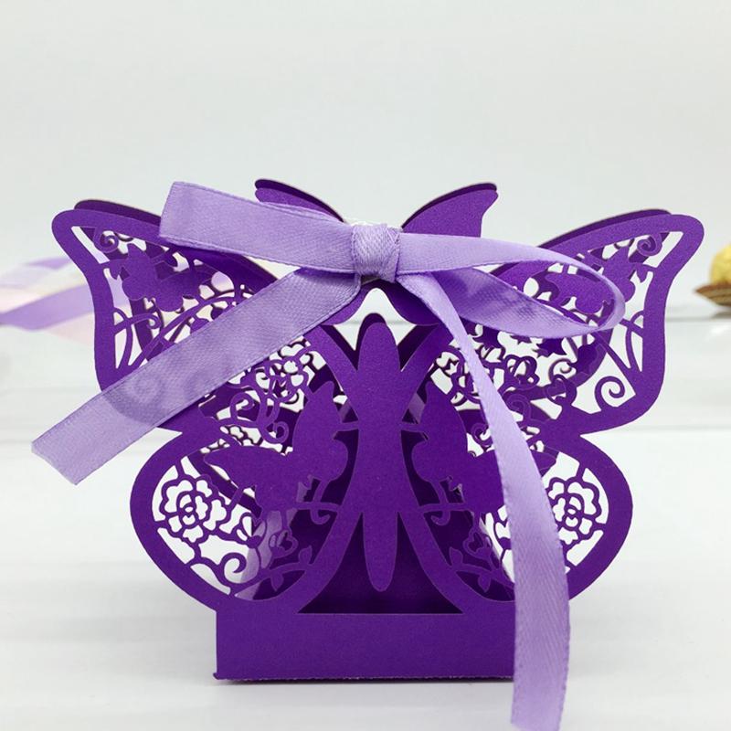 20Pcs Butterfly Laser Cut Candy Gift Boxes Ribbon Wedding Party Favor Purple