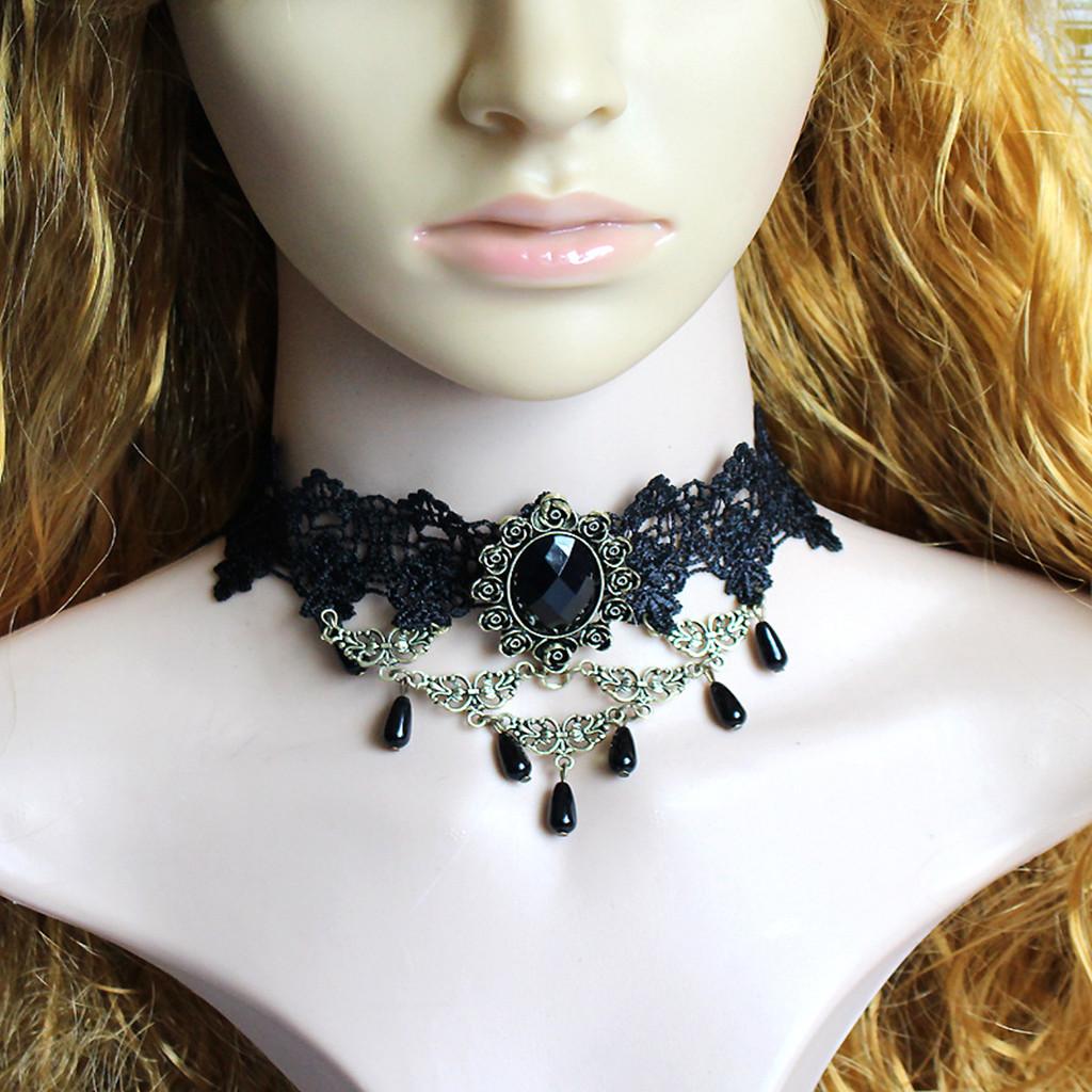 Punk Women Gothic Pearls Lace Choker Chunky Necklace Halloween Accessories