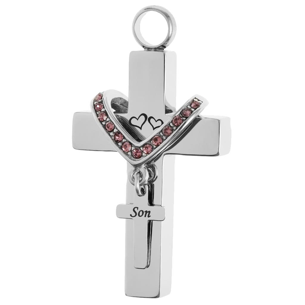 Double Cross with Crystal Stainless Steel Cremation Family Keepsake Son