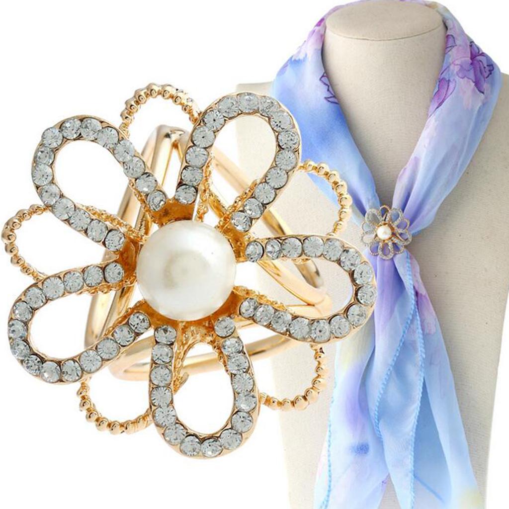 Gold Tone Simulated Pearls Fashion Flower Buckle Scarf Pin Brooch Jewelry