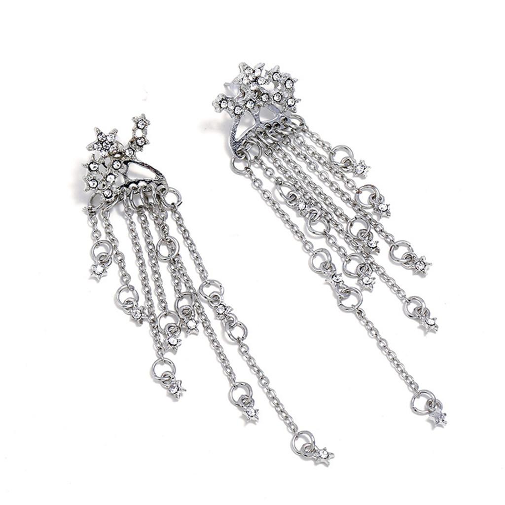 Minimalism Sparkle Star Long Tassels Drop Dangle Earrings Stud Silver