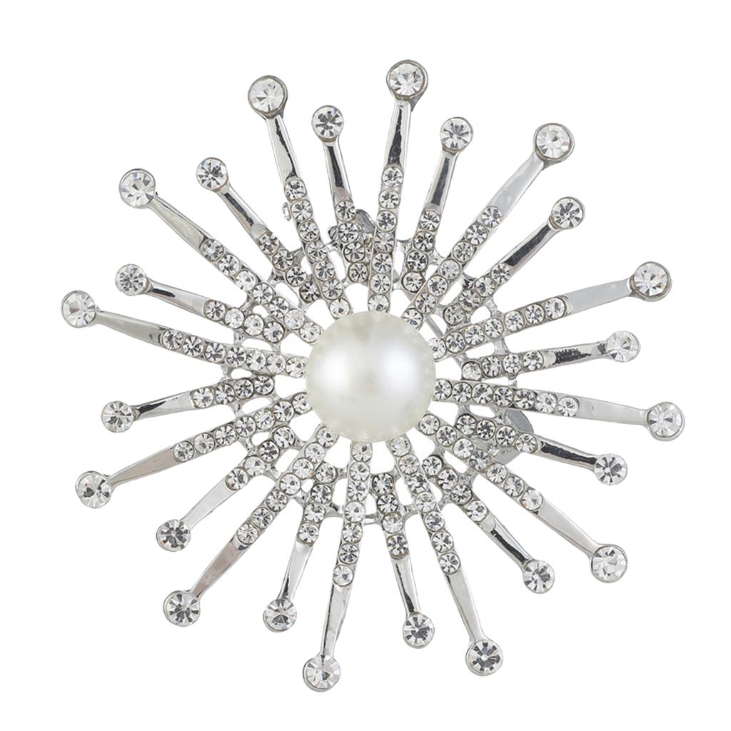 Sparkling Crystal Imitation Pearl Snowflake Collar Lapel Pin Brooch Silver