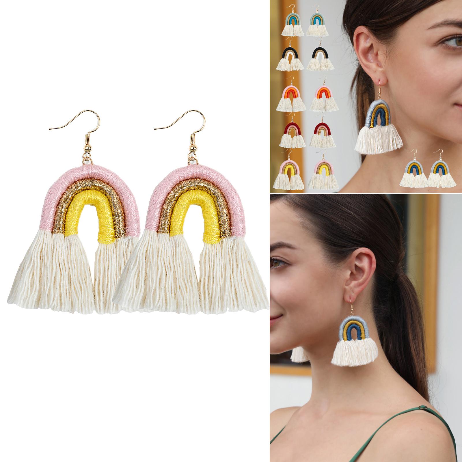 Fashion Jewelry Tassel Fringe Rainbow Shape Drop Dangle Earrings Yellow