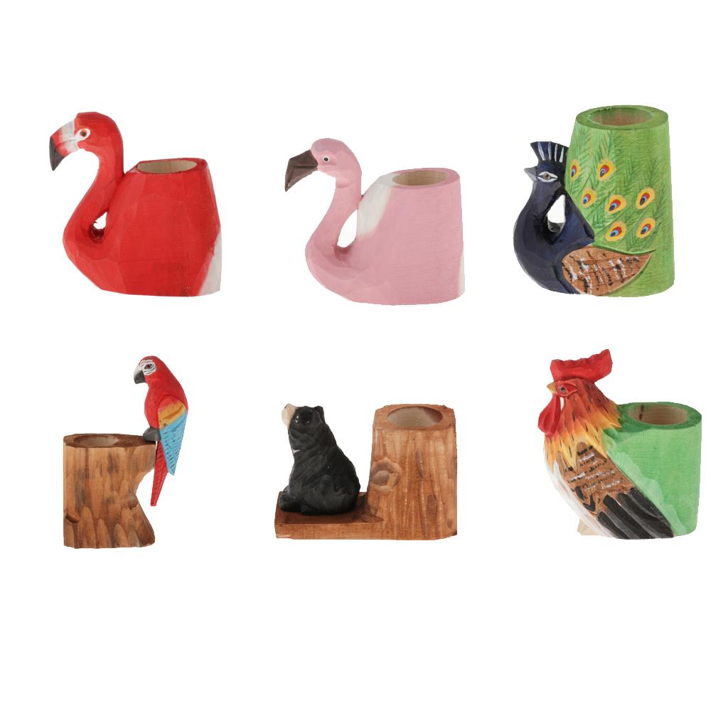 Creative Solid Wood Carving Animal Pen Holder Collection Gift Flamingo