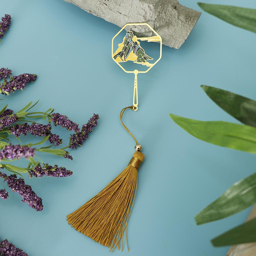 Classical Metal Bead Bookmark with Handmade Silky Tassel - Mountain Carved