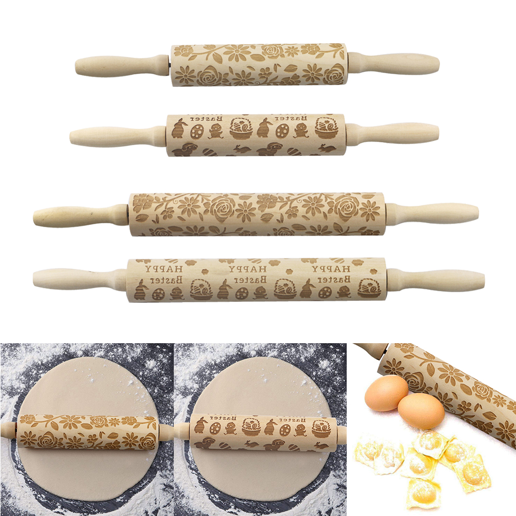 2x Xmas Embossing Rolling Pin Baking Biscuit Dough Roller w/ Pattern