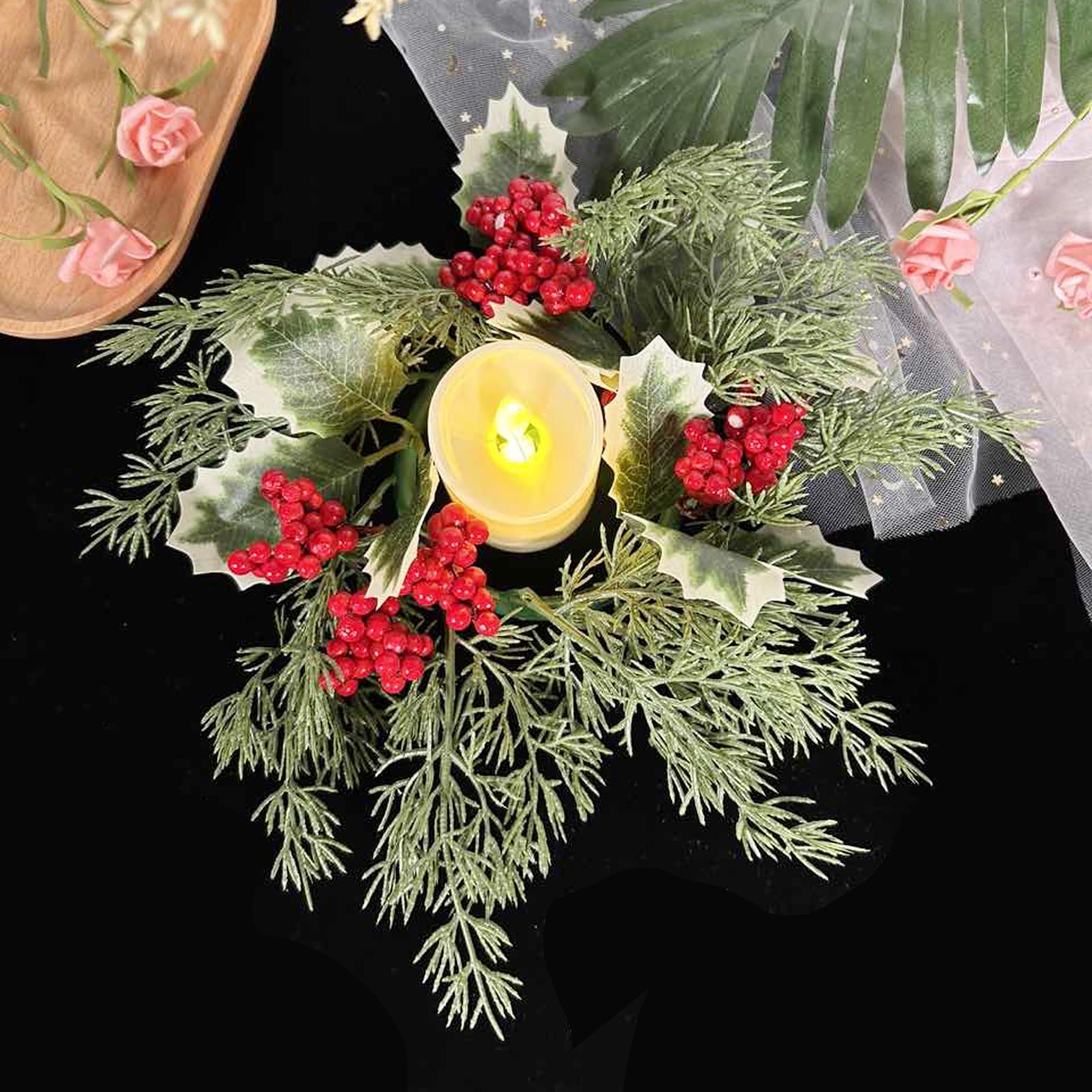 Faux Flower Candle Ring Red Berries Tabletop Candle Garland for Candlestick