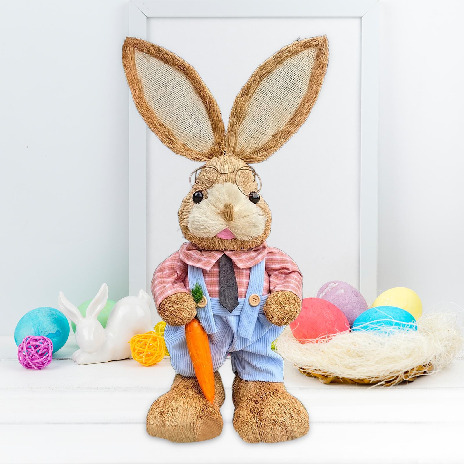 Straw Easter Bunny Figurine Cartoon Easter Decoration for Patio Desk Bedroom Style D