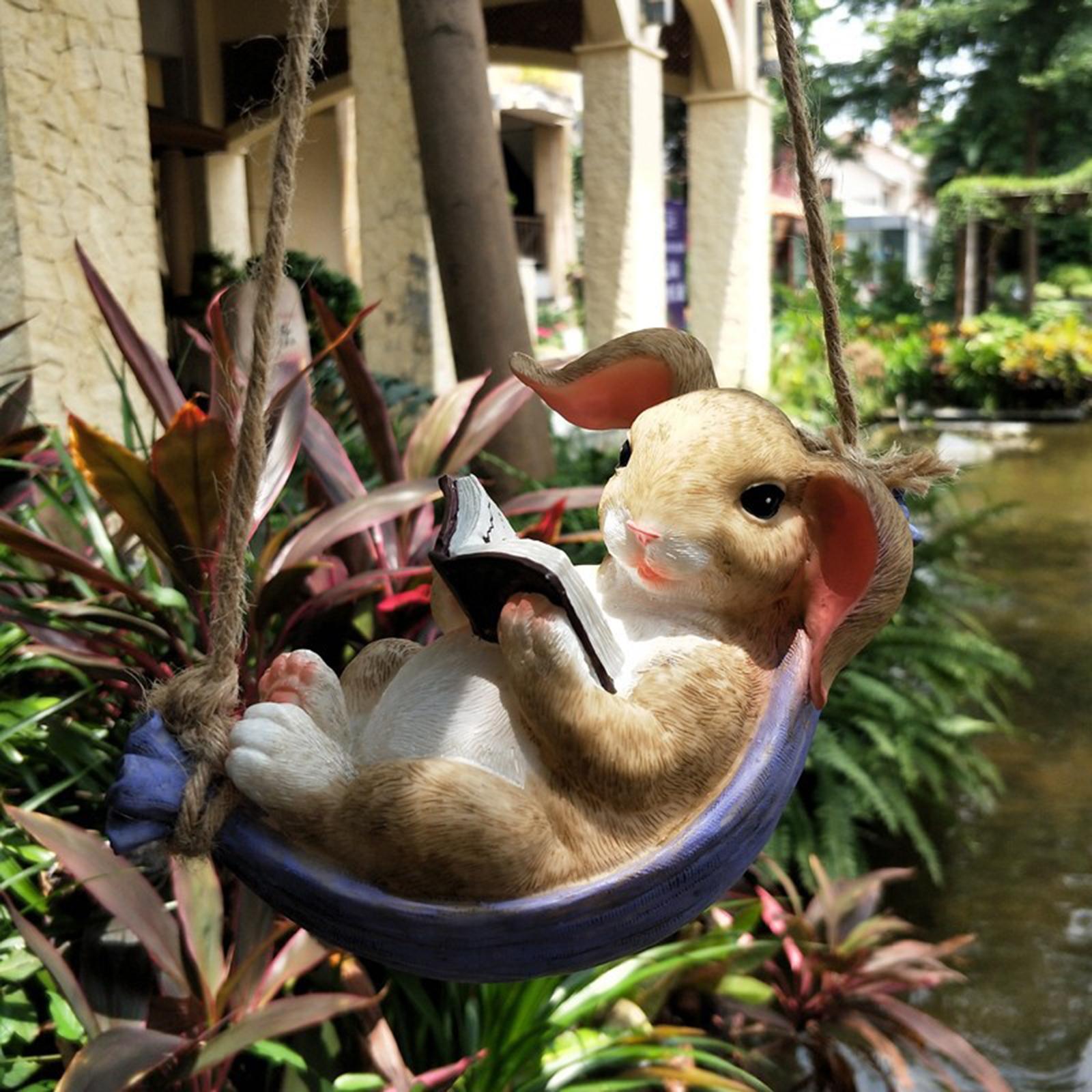 Hanging Hammock Rabbit Statue Resin Swinging Rabbit Statue for Garden Office