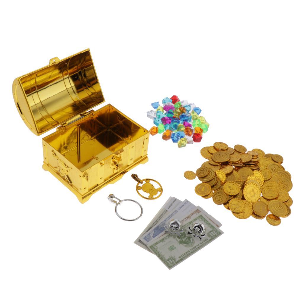 Treasure Chest Box Toy Plastic Gold Coins Pirate with Jewelry Gems Toys