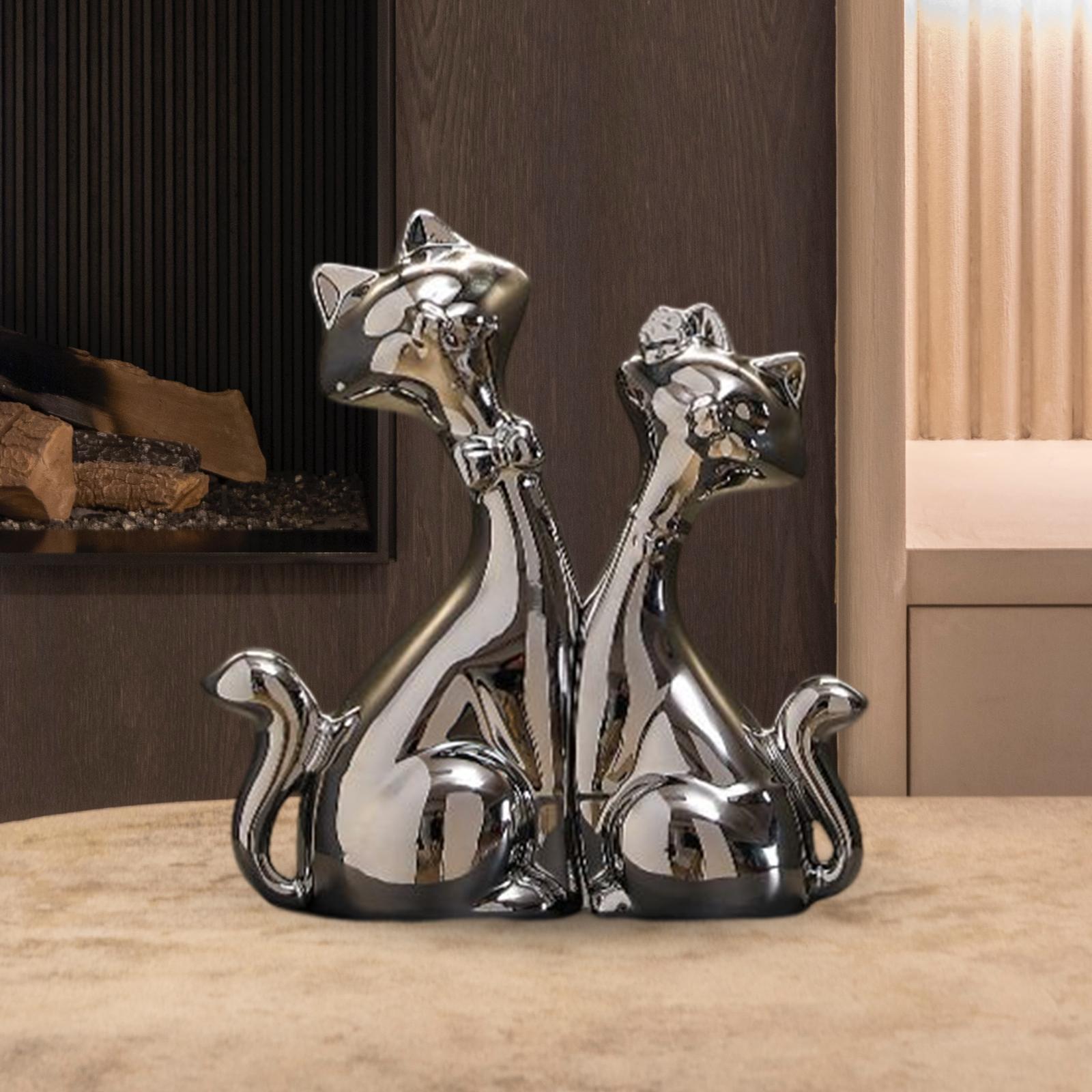 Handmade Resin Animal Figurine Ornaments Electroplating Artwork Versatile Cat Couple