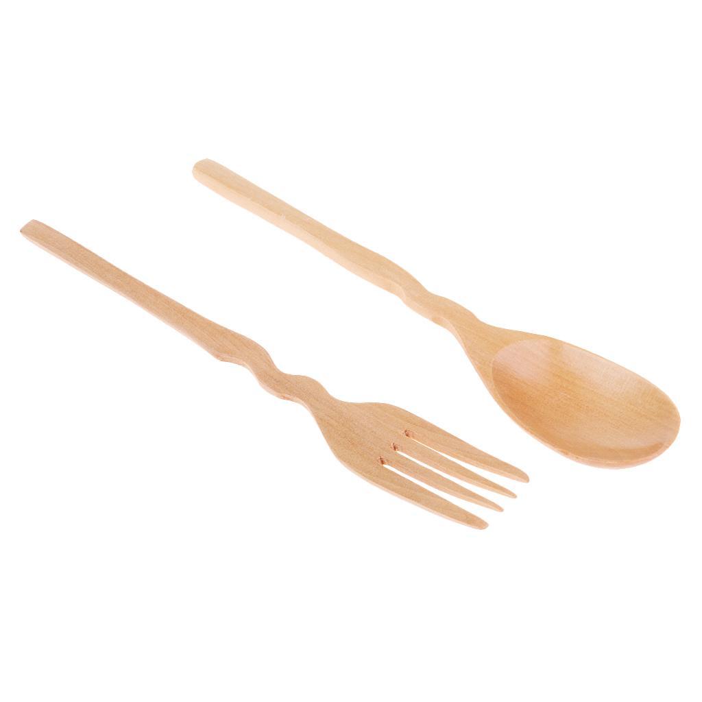 2pcs Vintage Wooden Spoon Fork Tableware Kitchen Tool Camping Hiking Cutlery