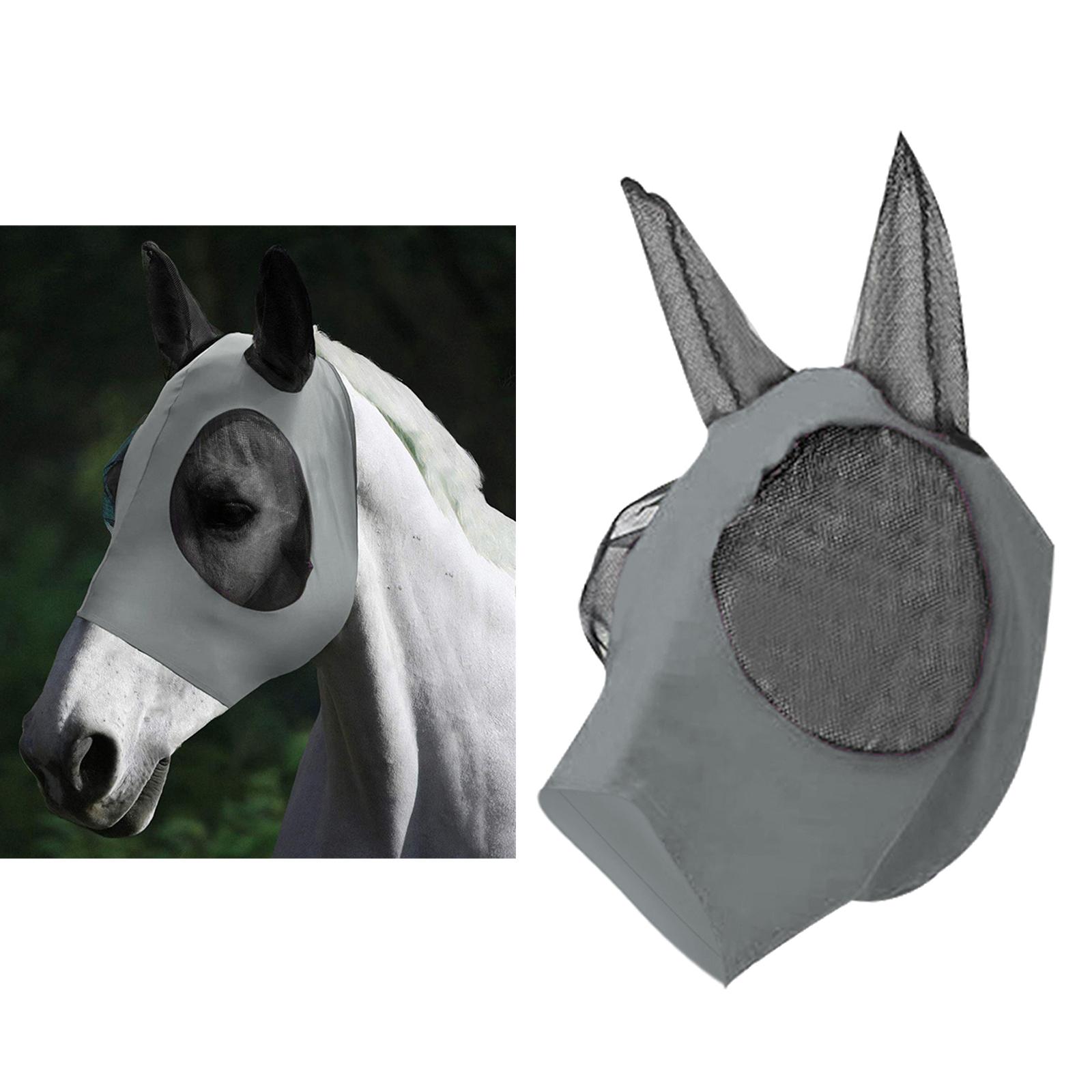 Horse Fly Mask Protective Net Hood Horses Mask with Ears Cover Gray