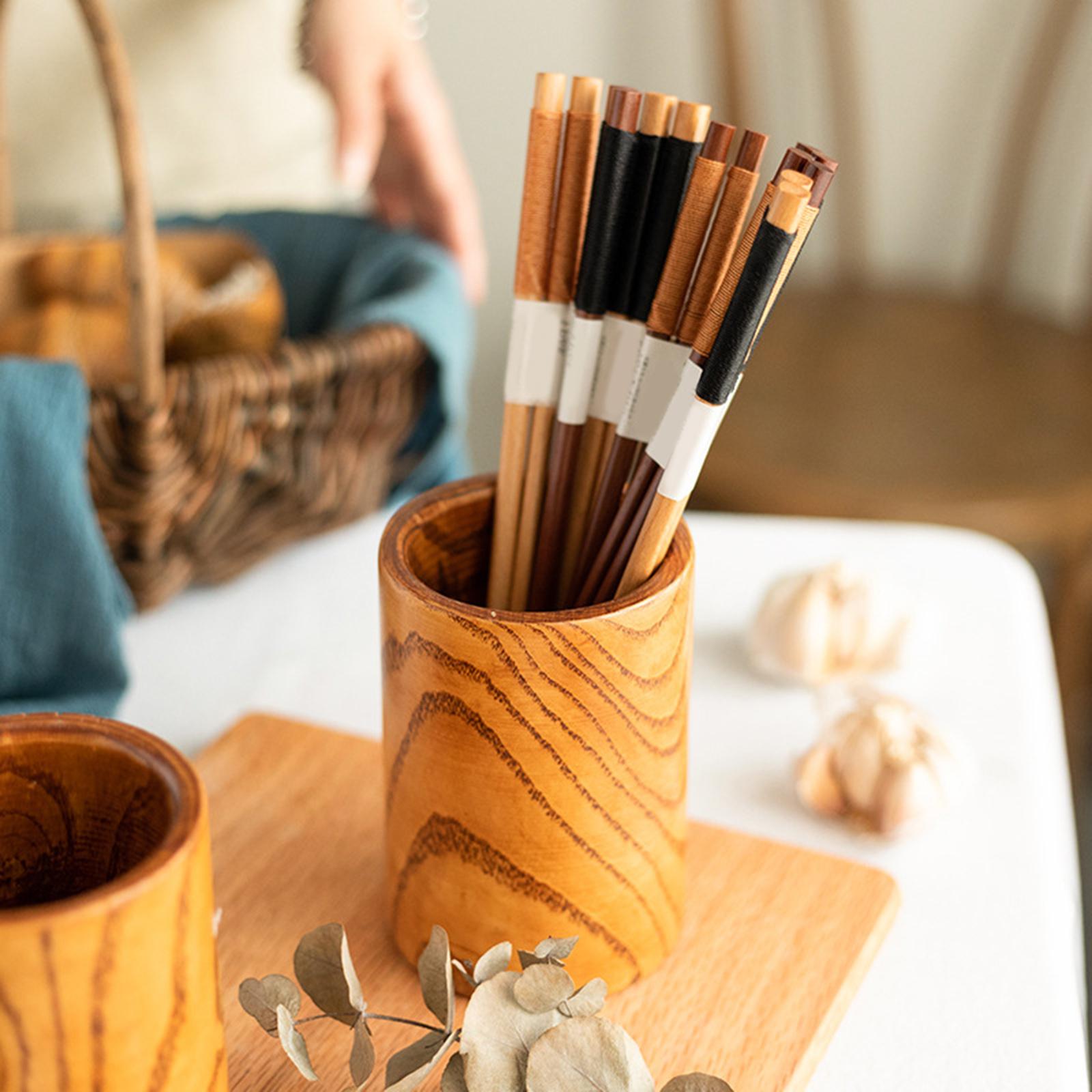 Round Wooden Utensil Holder Chopsticks Barrel Wooden Organizer for Home