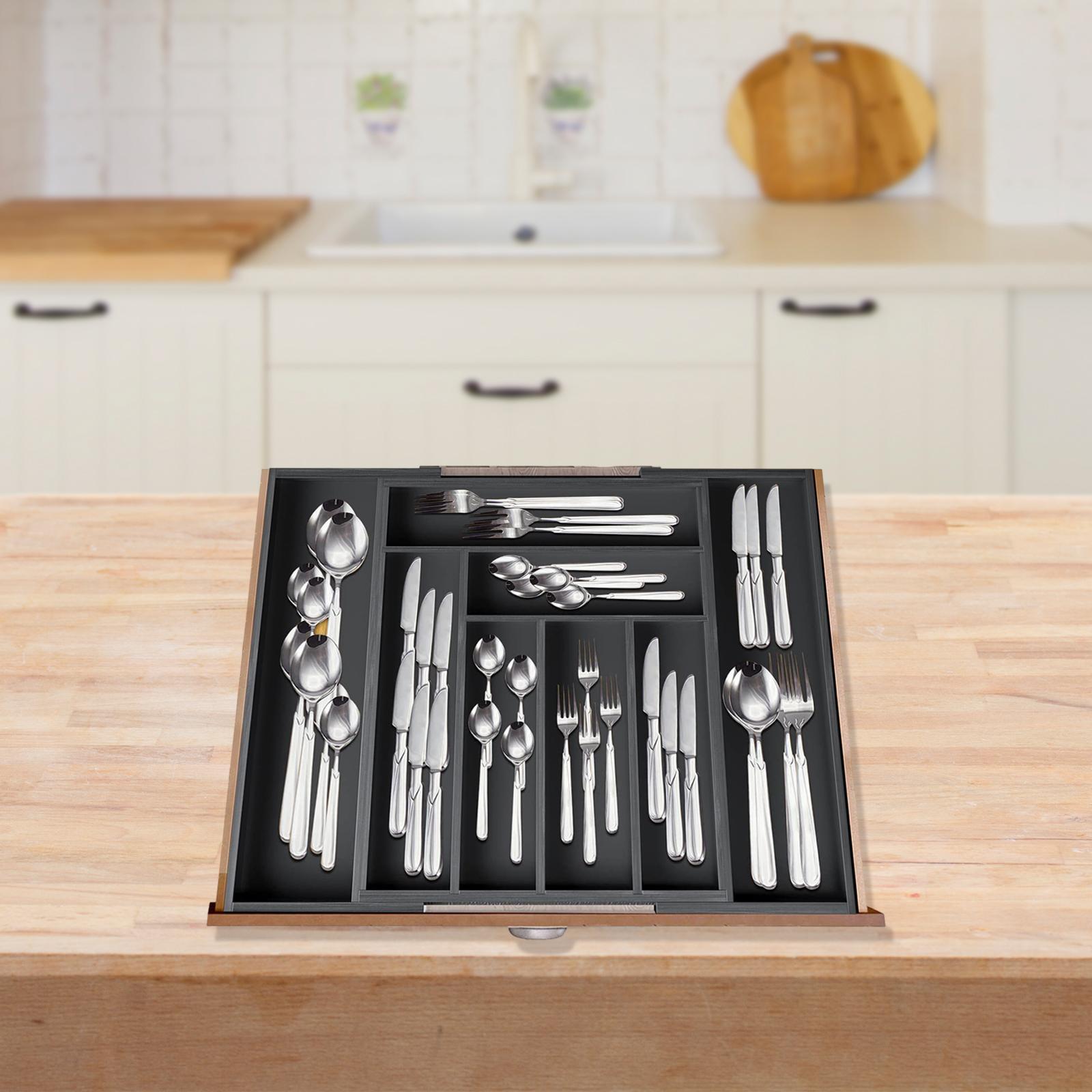 Cutlery Silverware Tray Wood Kitchen Expandable Flatware Tableware Organizer
