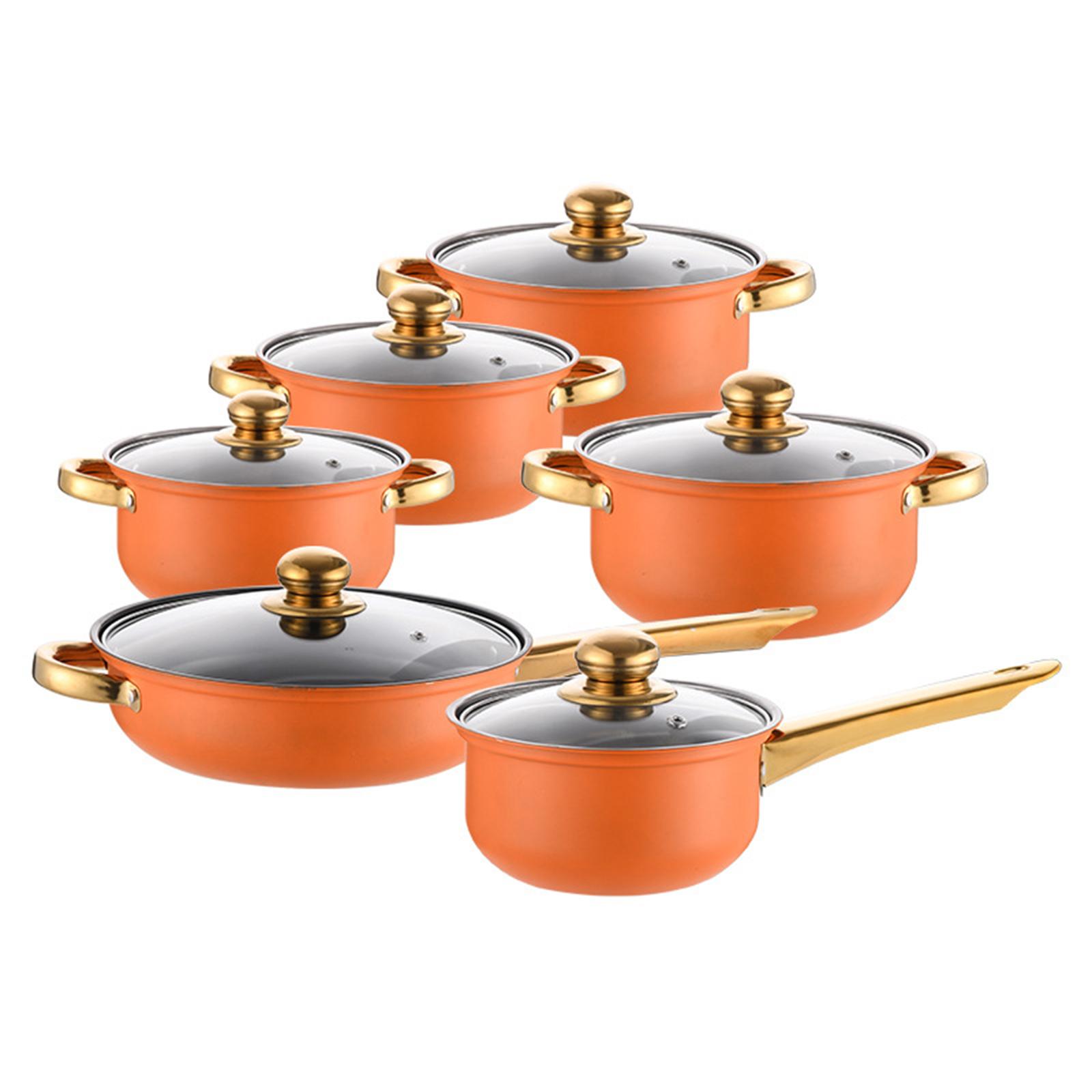 6Pcs Stainless Steel Cookware Set with Glass Lids for Professional Stovetops Orange