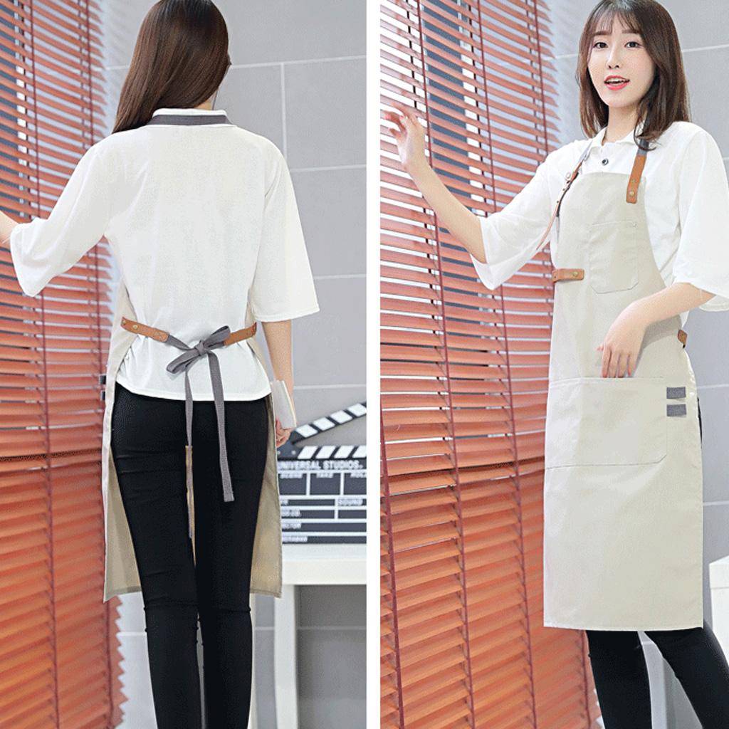 Men Women Canvas Apron Bib Multi Pockets Cafe Kitchen Cooking Painting Khaki