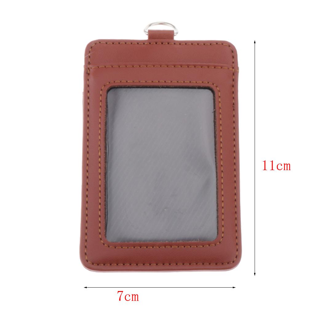 2-Sided Vertical Pu Leather Badge Card Holder Neck Strap Lanyard Coffee