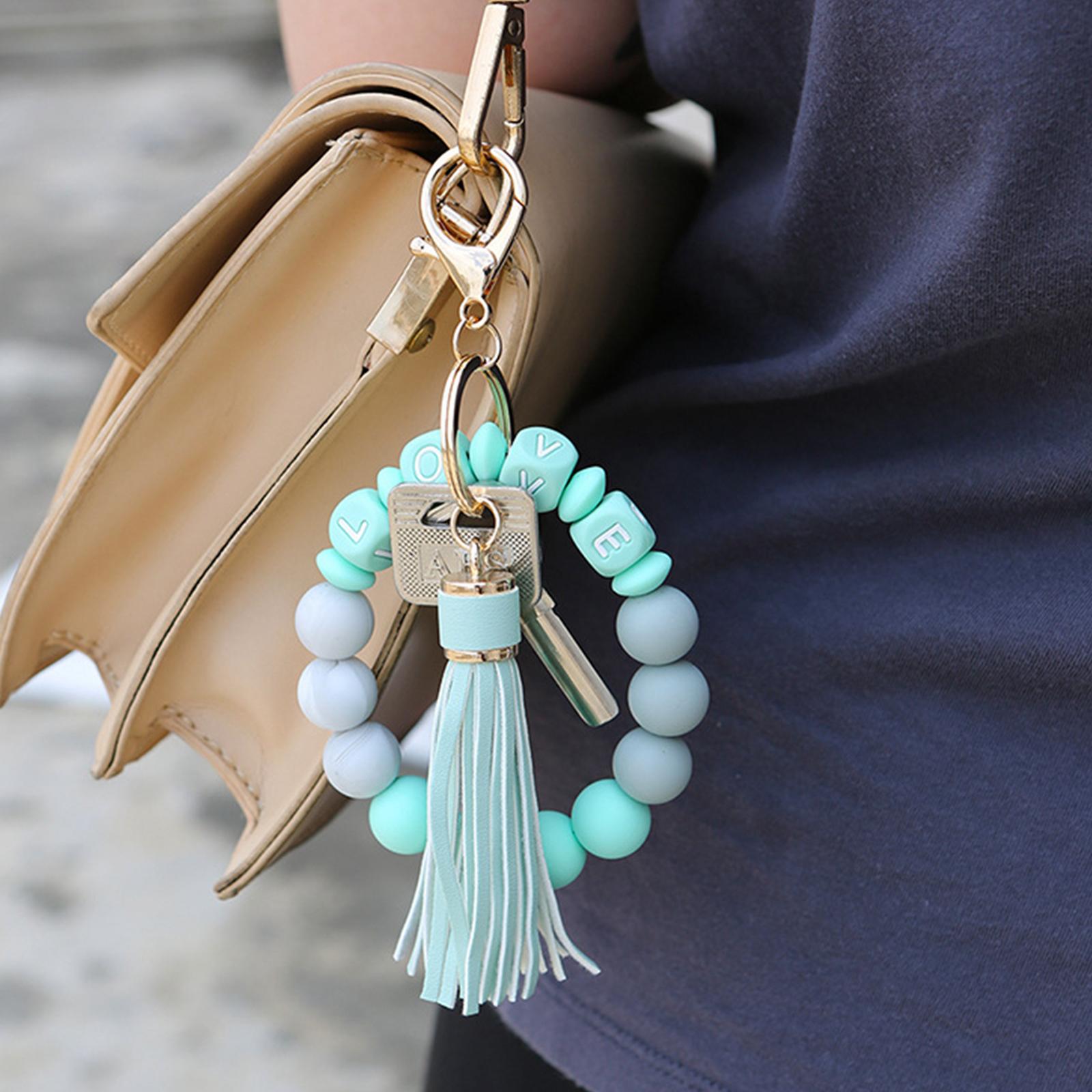 Soft Wristlet Keychain Bracelet with Tassel Tassel Girl Keyring PU Leather E