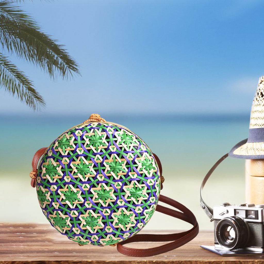 Crossbody Women Lady Round Bamboo Summer Woven Beach Shoulder Bag Green