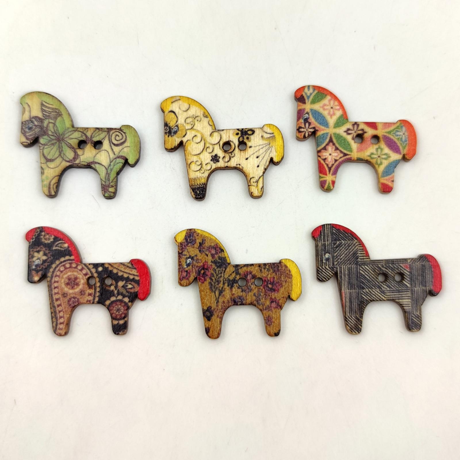 50Pcs Retro Animal Painting Wooden Buttons 2 Holes for Cloth Crafts Pony