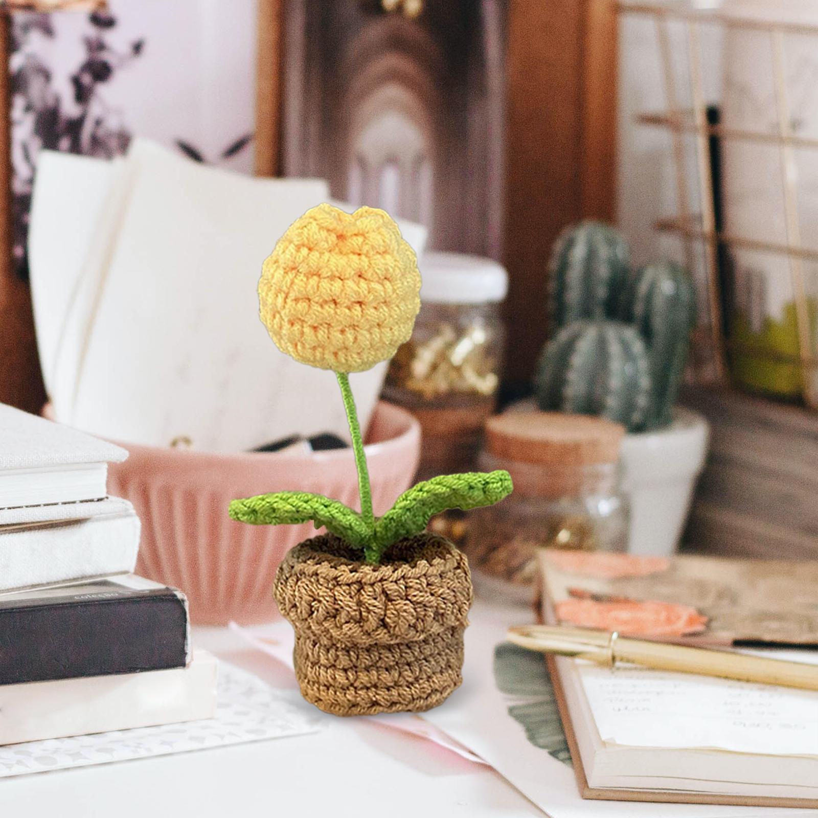 Knitting Crochet Flower Bouquet Handmade Flowerpot Crochet Artificial Flower Yellow Flower