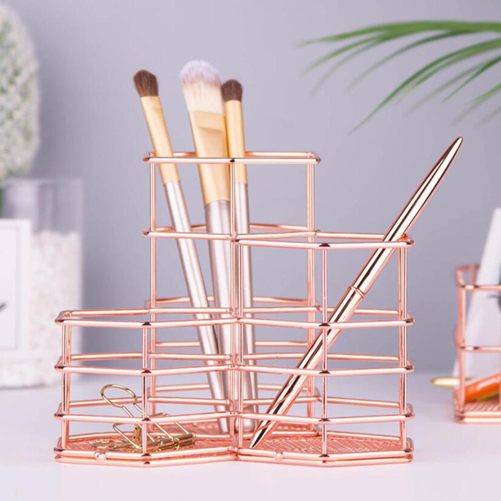 Wire Metal Desktop Pencil ,Rose Gold Pen Storage Basket Organizer