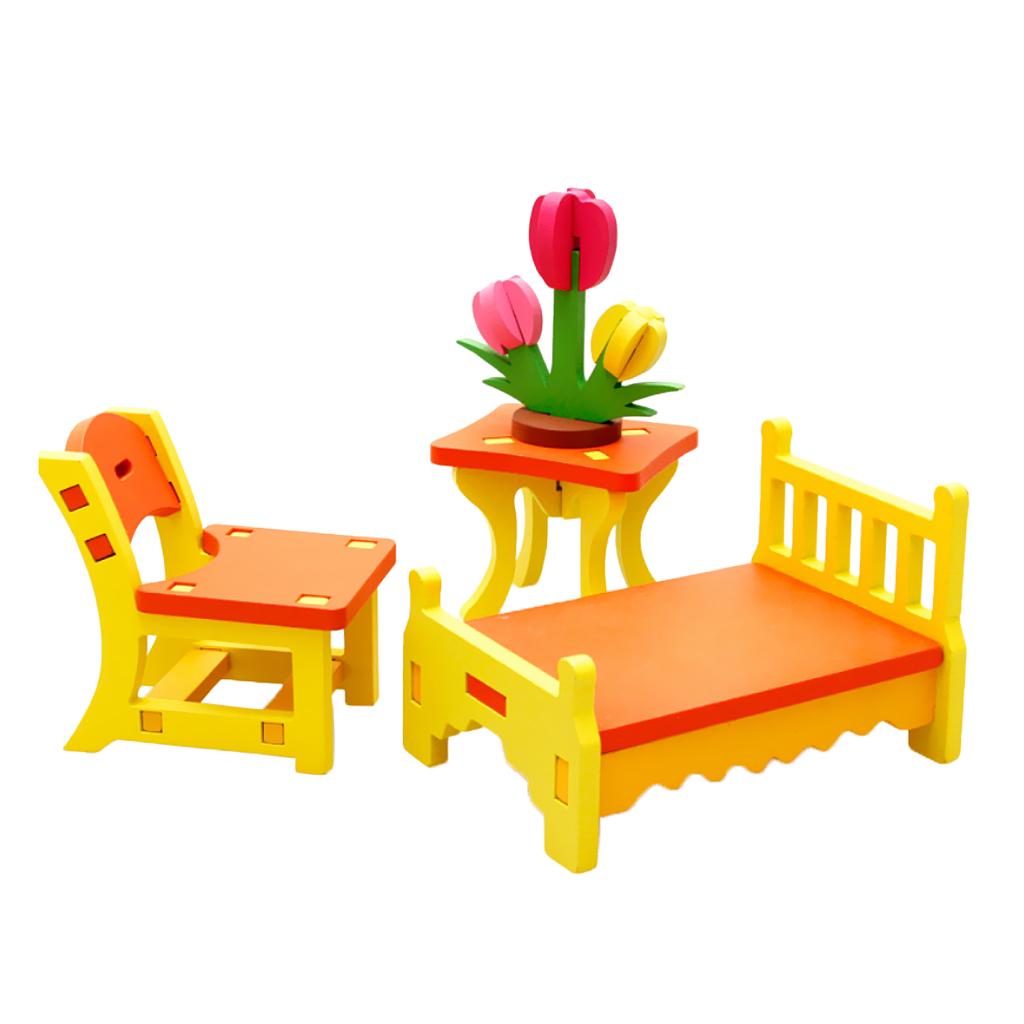 Wooden Assembly Puzzle Dollhouse Furniture Kids Toy Gift Bedroom