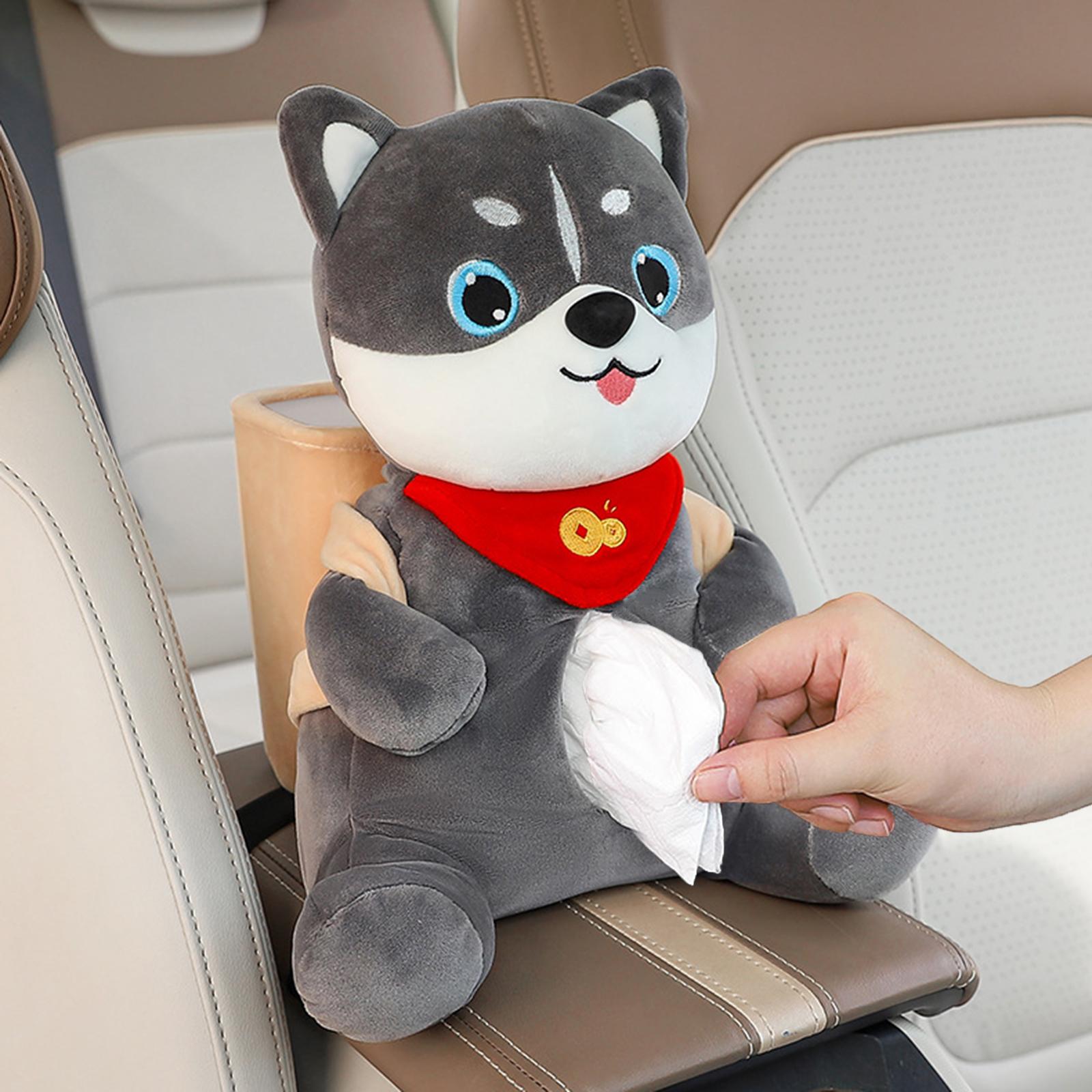 Car Cartoon Tissue Box Holder with Car Garbage Can Cute Plush Tissue Holder husky