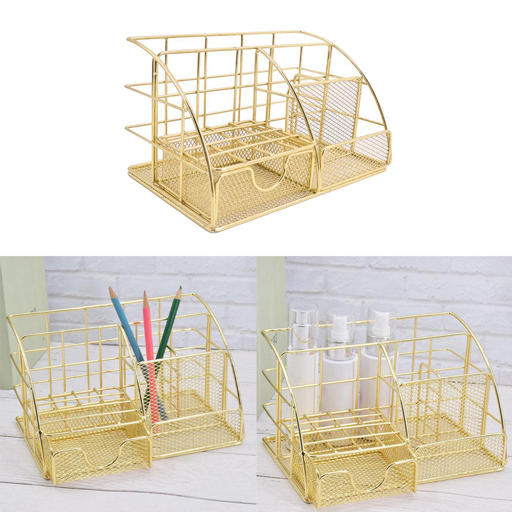 Mesh Desk Organizer Supplies with Drawer Home Pen Holder Storage Gold