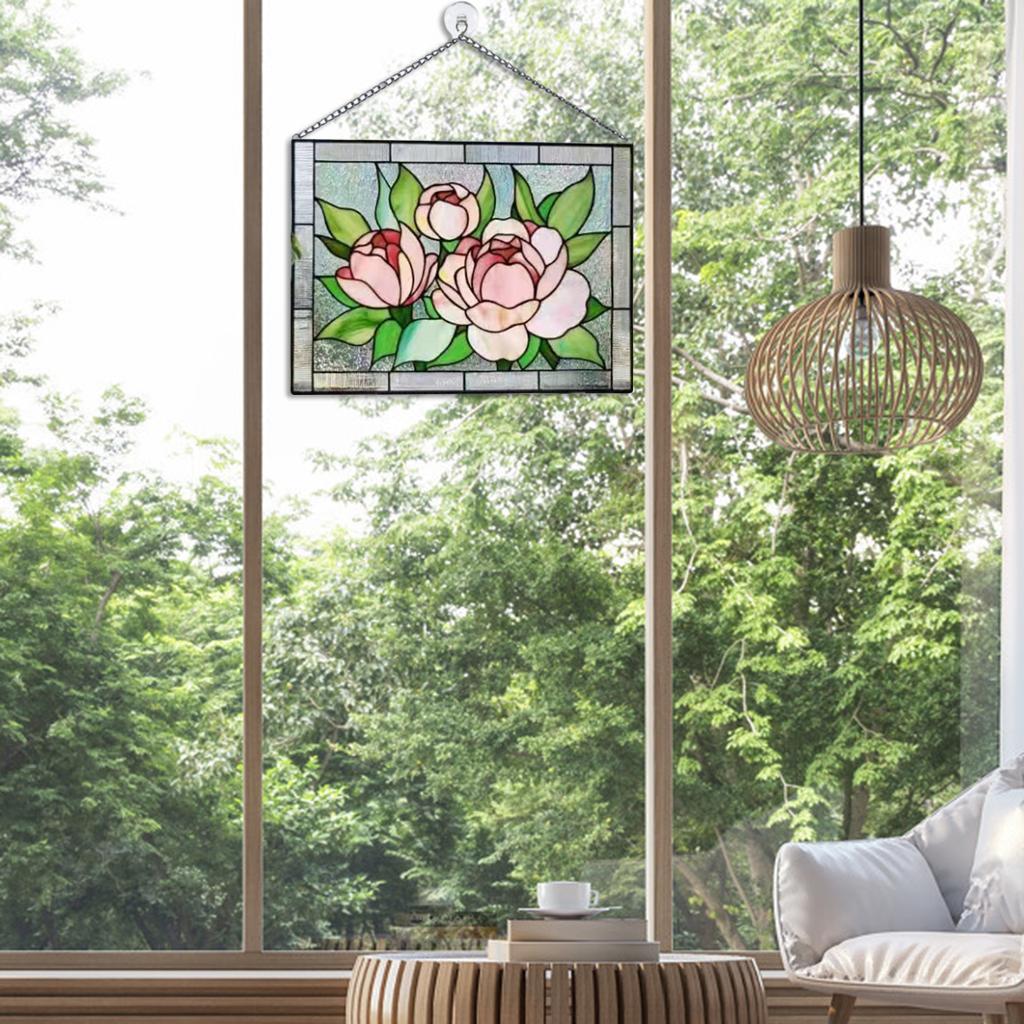 Stained Glass Rectangle Window Panel Suncatcher Wall Decor Peony