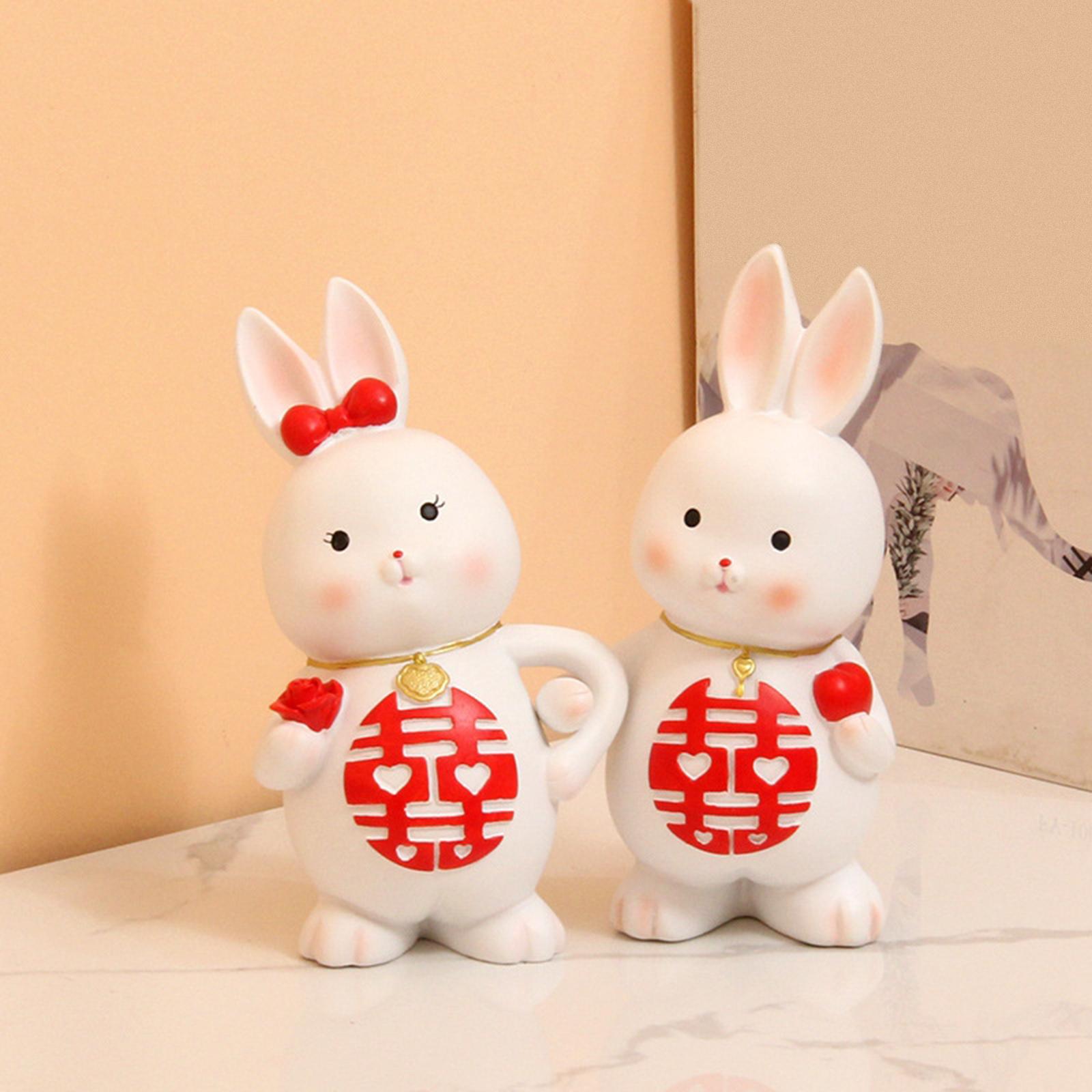 2Pcs Rabbits Statues Resin Decorative Couple Figurines for Christmas Wedding