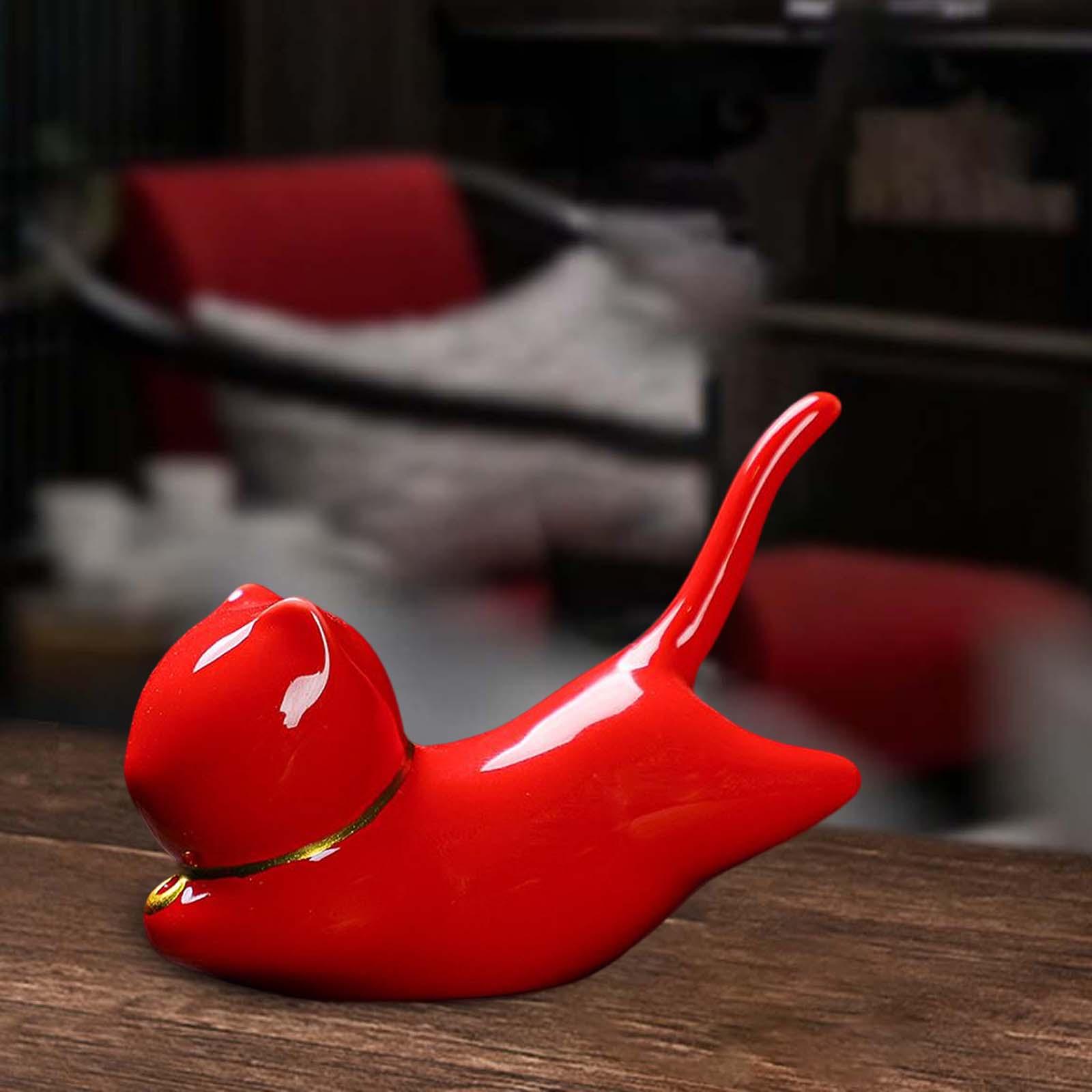 Stick Incense Burner Modern Ceramic Ornament for Desktop Cabinet Office Red Cat