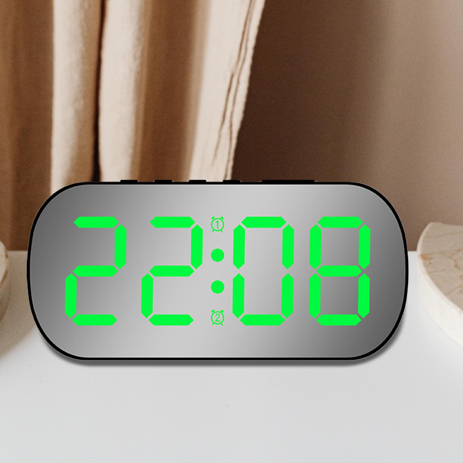 Digital Alarm Clock Mirrored Large Display 5 Adjustable Brightness LED Clock Black Green LED