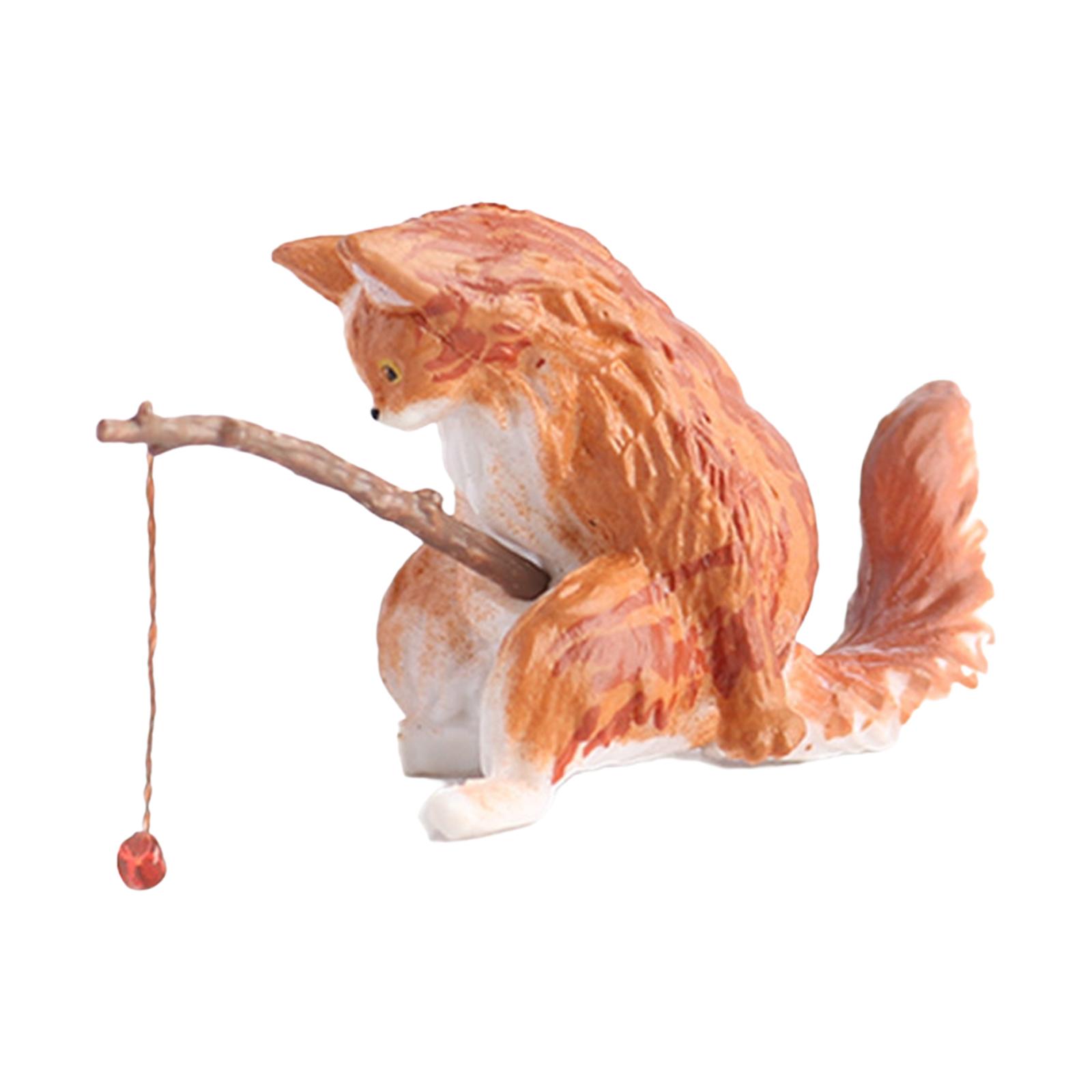 Cat Fishing Figurine Decorative Kitten Fishing Ornament for Garden Brown Long Haired