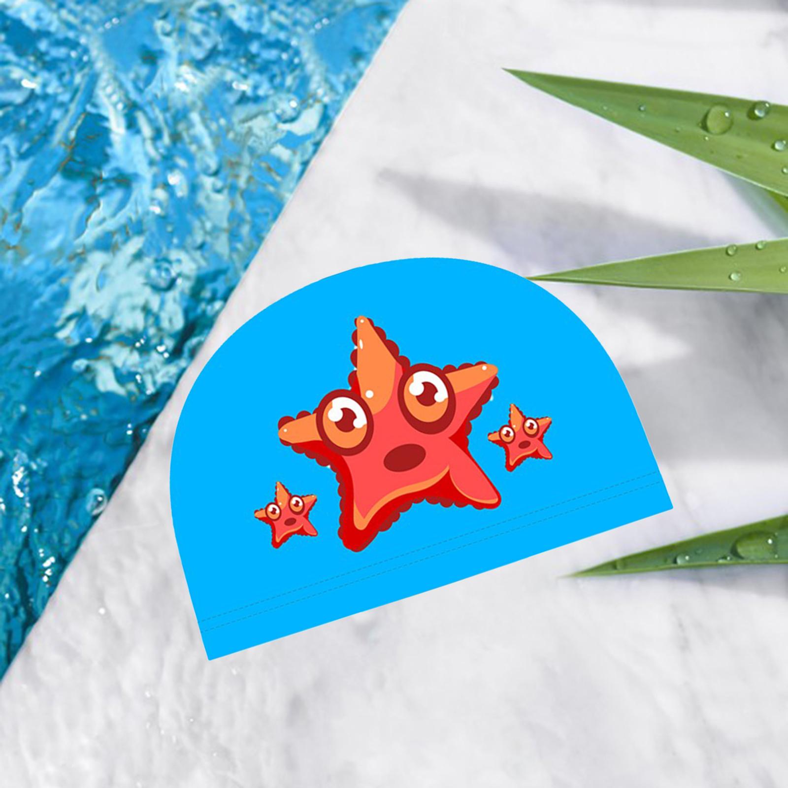 Swim Cap Kids Bathing Swimming Hat Girl Boy Animal Print Cap Blue Starfish