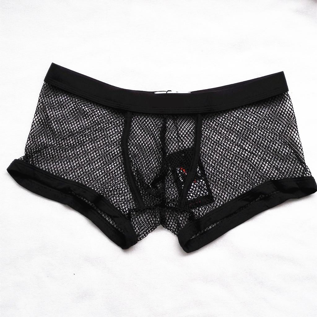 Mens Sexy See Through Mesh Openwork Boxer Briefs Underwear Black L