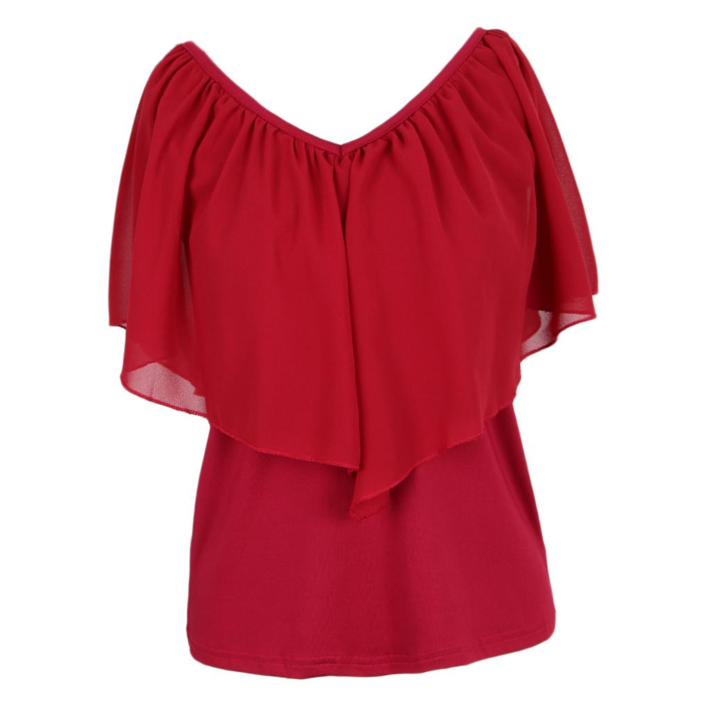 Women's Cold Shoulder Ruffle Sleeve V Neck Chiffon T-Shirts Red M	