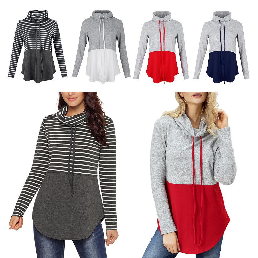 Women's Cowl Neck Hoodies Tops Long Sleeve Color Block Sweatshirt White S