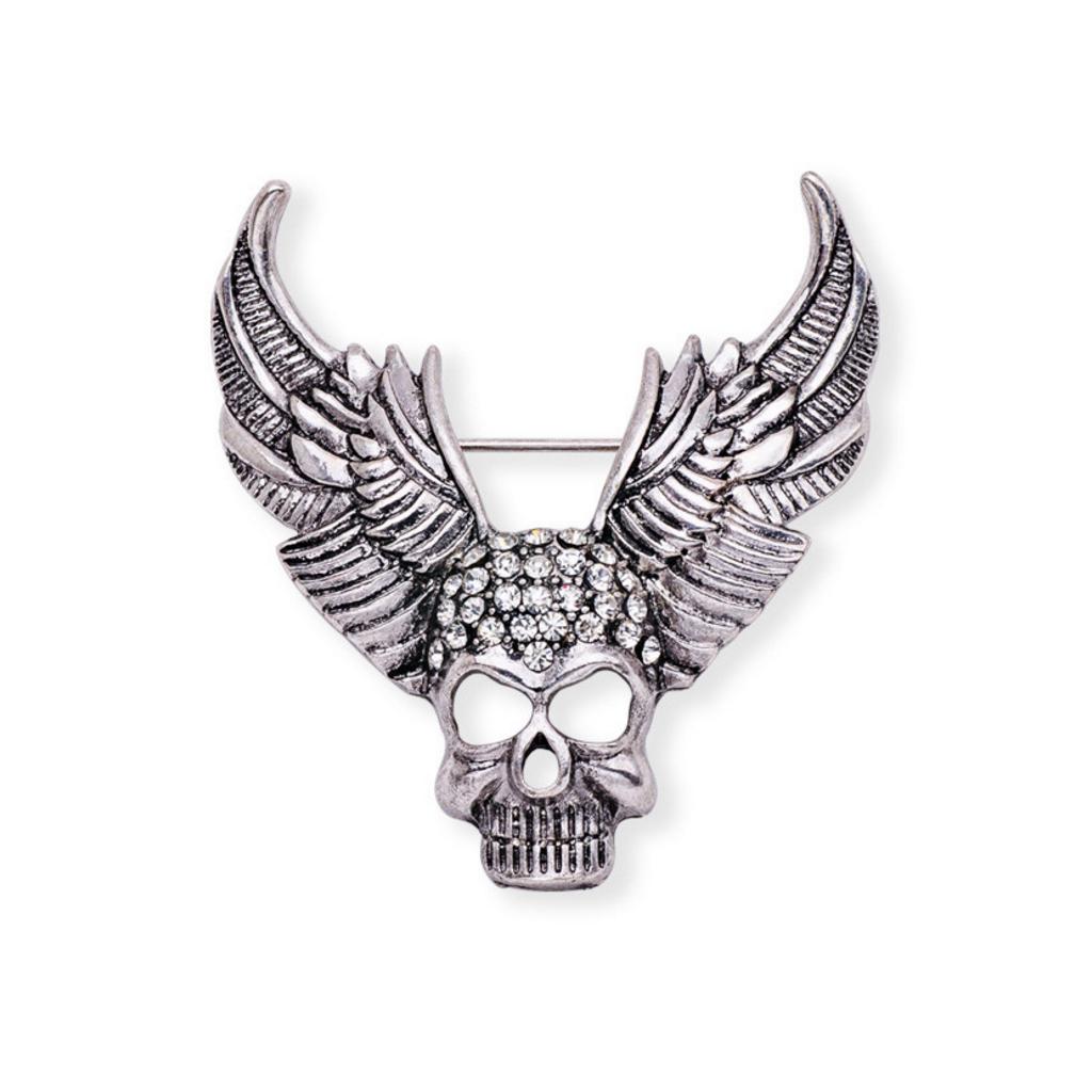 Unique Halloween Skull Angel Wing Brooch Crystal Rhinestone Antique Silver