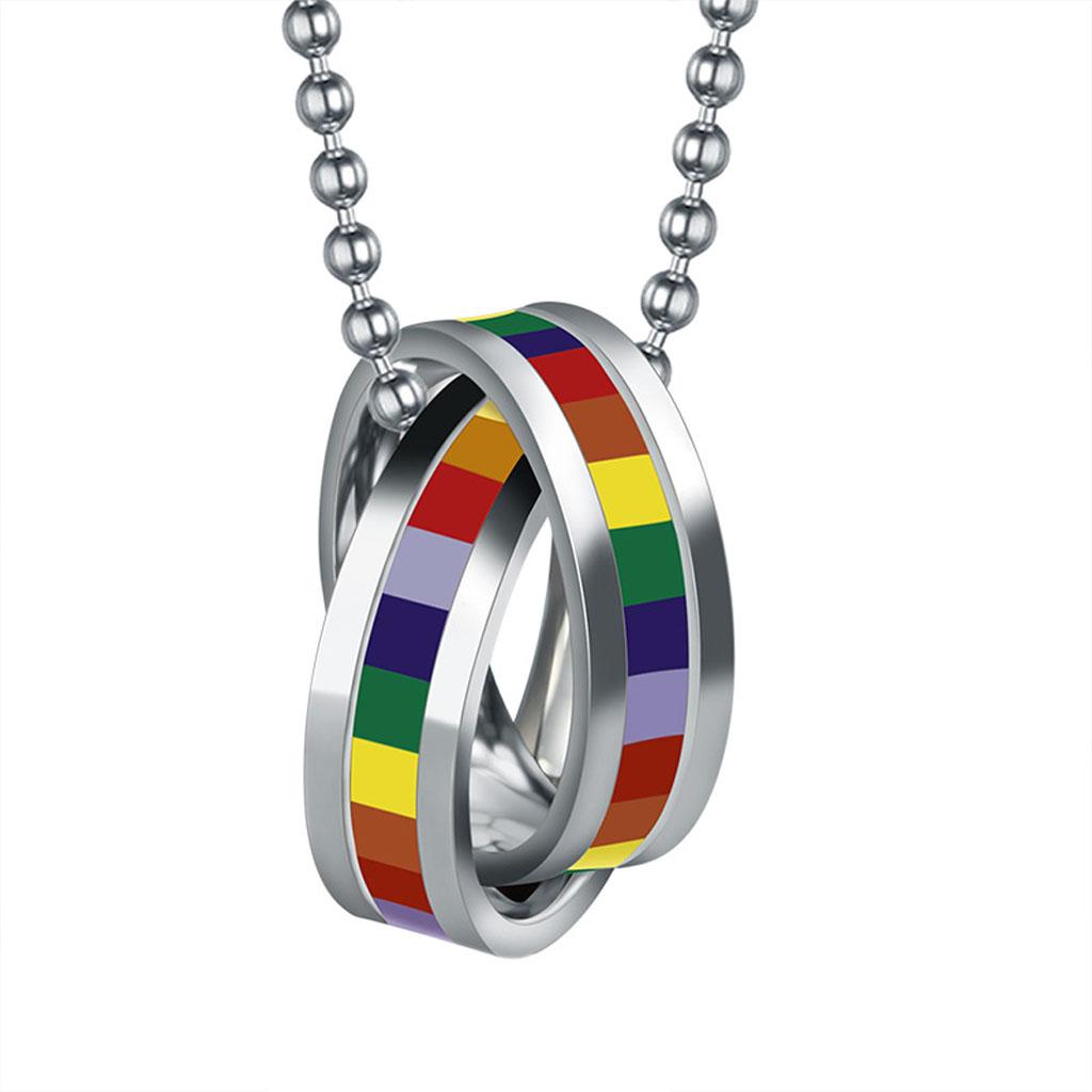 Fashion Stainless Steel Rainbow Double Ring Pendant Necklace LGBT Lesbian Gay Pride