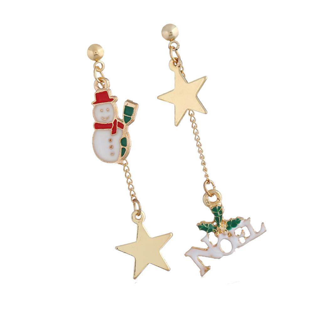 Asymmetric Chain Dangle Christmas Ear Studs Star Charms Earrings Snowman