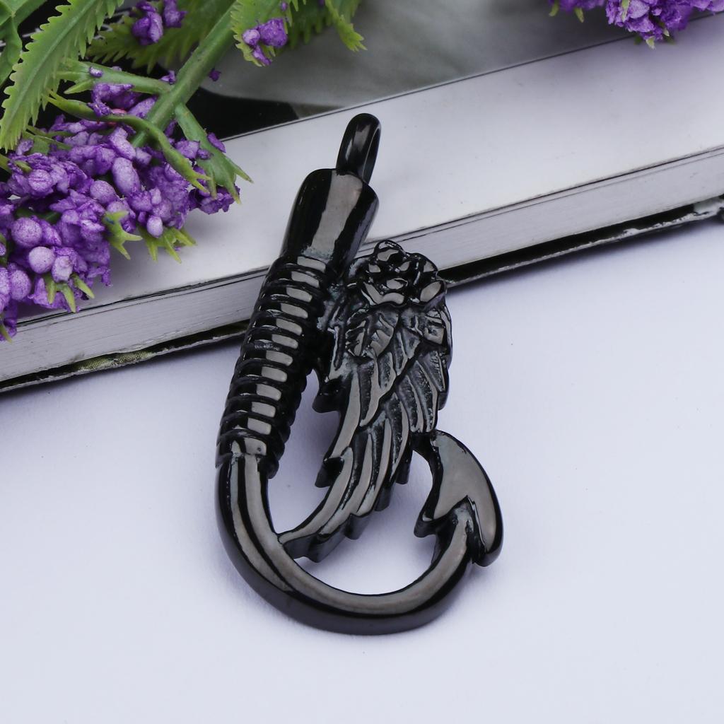 Stainless Steel Fish Hook Angel Wing Pendant Cremation Ashes Keepsake Black