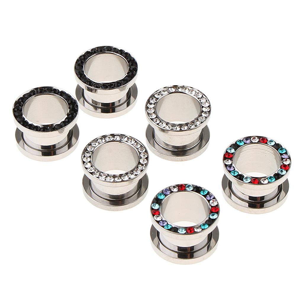 6pcs Rhinestone Stainless Steel Screw Ear Gauges Plugs Tunnels Expander 12mm