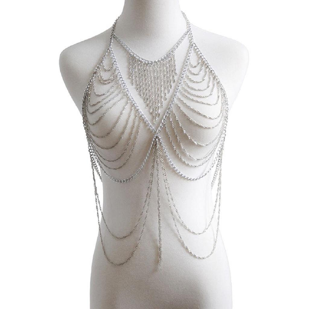 Multilayer Body Chain Bra Bikini Crossover Harness Necklace with Tassel 