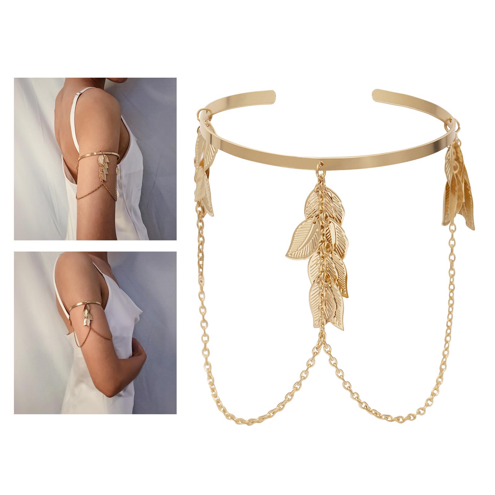 Leaf Feather Arm Bracelet Chain for Women Girls Open Upper Arm Bangle Armlet Gold