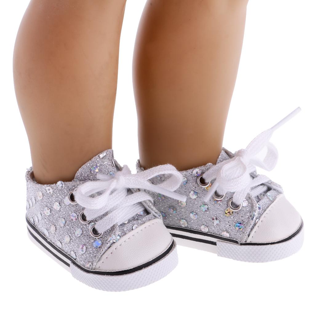 2x1 Pair of Sequin Sneakers Shoes for 18inch Dolls Clothes White