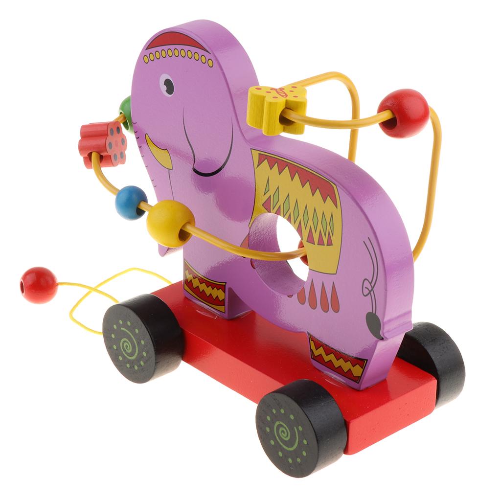 Wood Animal Pull Toy Baby Educational Bead Maze Coaster Circle Elephant